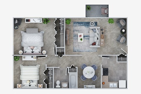 Floor plan for 2 beds, 1 bath, 950 sqft